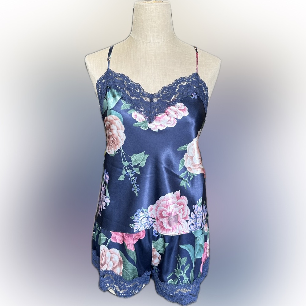 Navy Satin Floral Lace-Trim Cami & Shorts Set